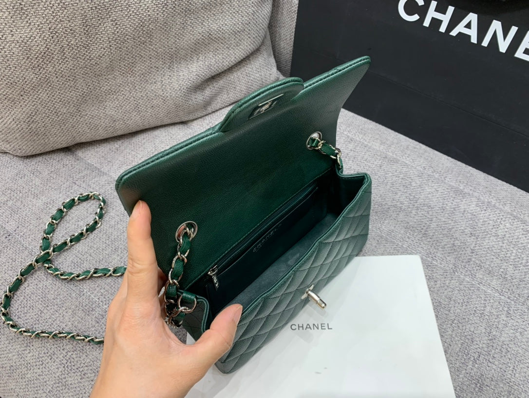 FLAP BAG MINI 20CM DARK BLUE GREEN CAVIAR SILVER HARDWARE