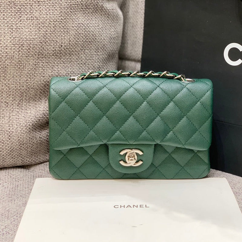 FLAP BAG MINI 20CM DARK BLUE GREEN CAVIAR SILVER HARDWARE