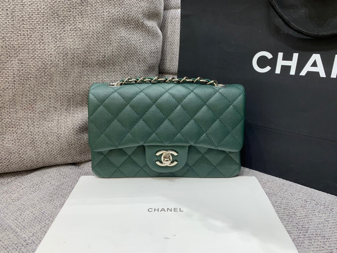 FLAP BAG MINI 20CM DARK BLUE GREEN CAVIAR SILVER HARDWARE