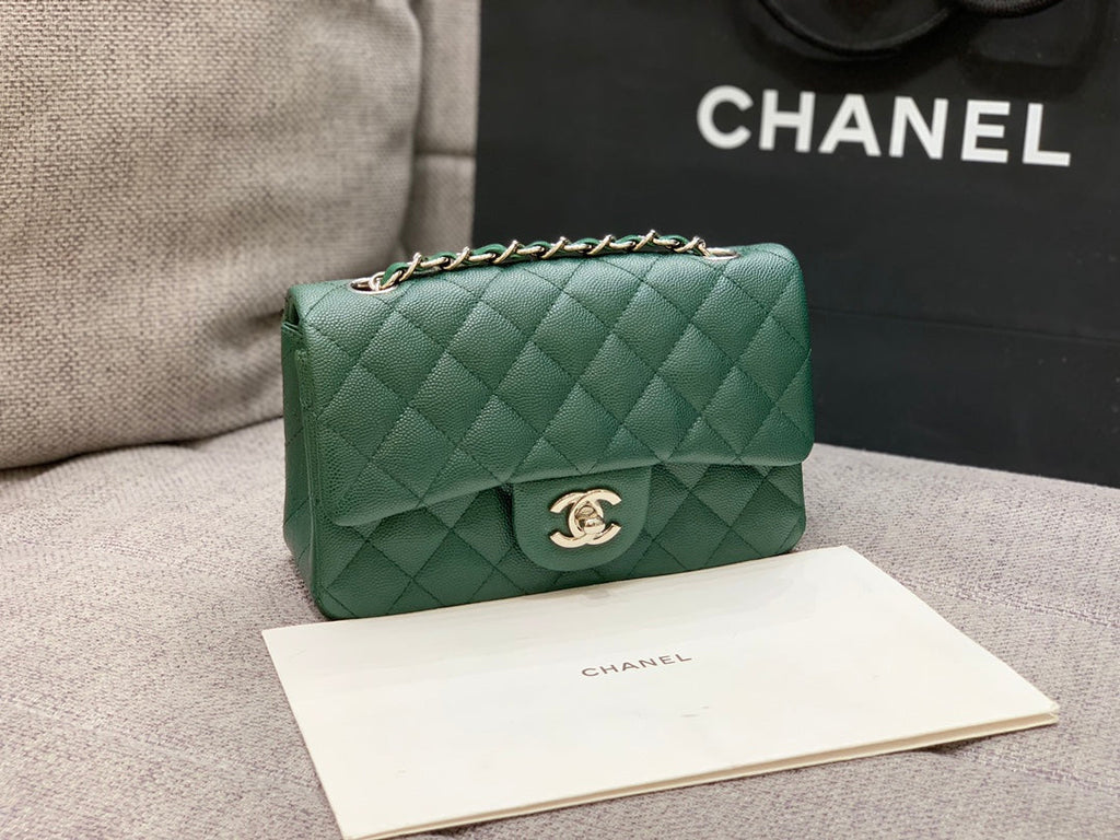 MINI SAC À RABAT 20 CM BLEU FONCÉ VERT CAVIAR QUINCAILLERIE ARGENTÉE 