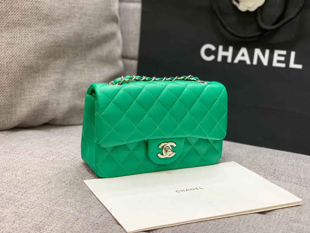 FLAP BAG MINI 20CM DARK GREEN CAVIAR SILVER HARDWARE