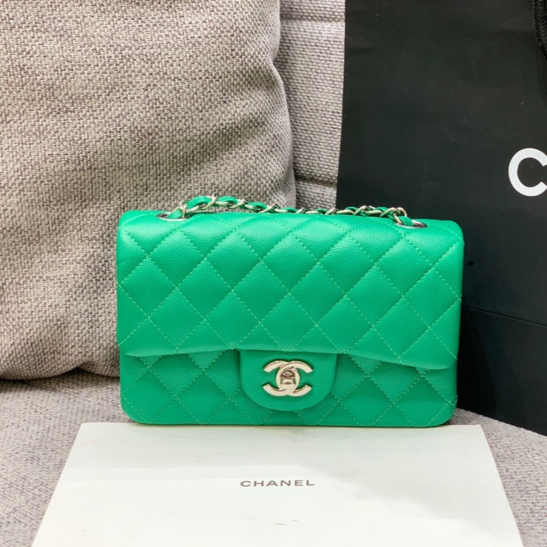FLAP BAG MINI 20CM DARK GREEN CAVIAR SILVER HARDWARE