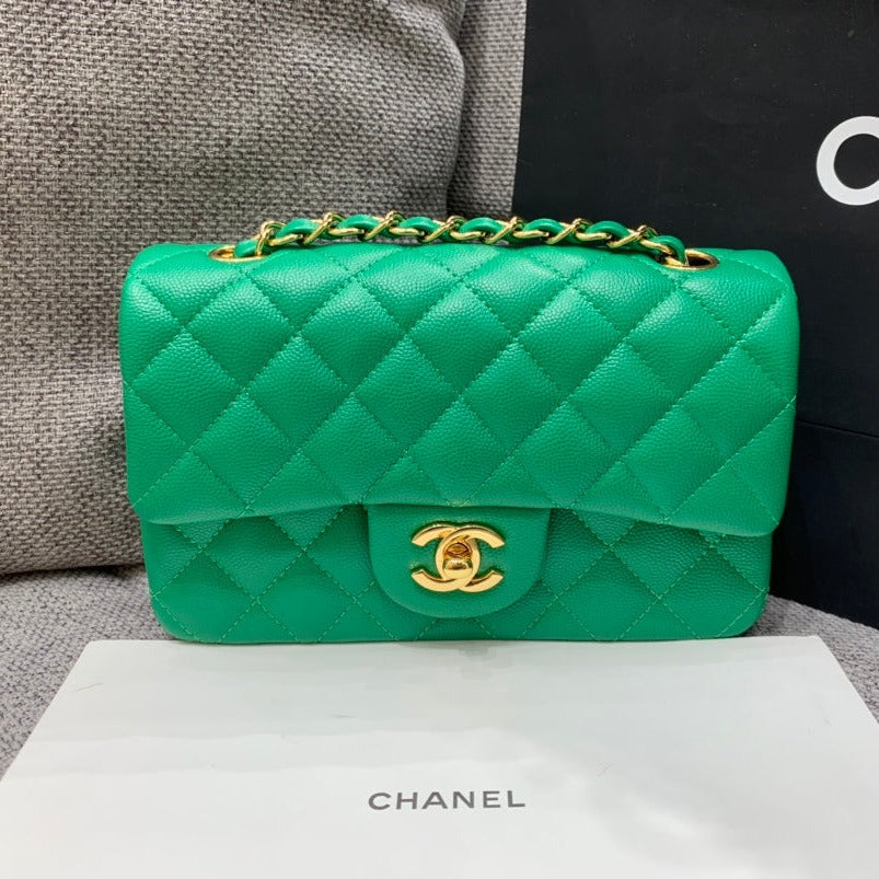 FLAP BAG MINI 20CM DARK GREEN CAVIAR GOLD HARDWARE