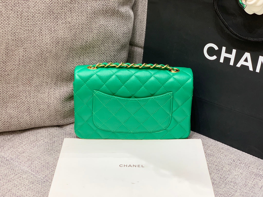 FLAP BAG MINI 20CM DARK GREEN CAVIAR GOLD HARDWARE