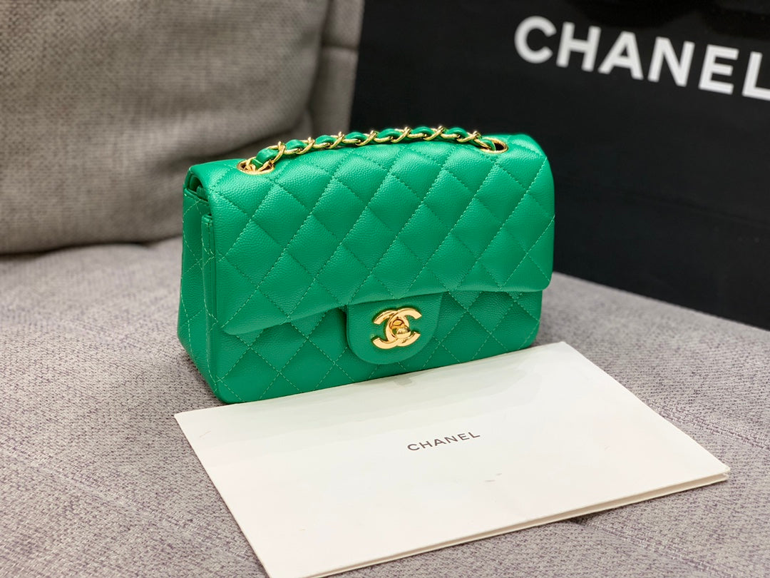 FLAP BAG MINI 20CM DARK GREEN CAVIAR GOLD HARDWARE