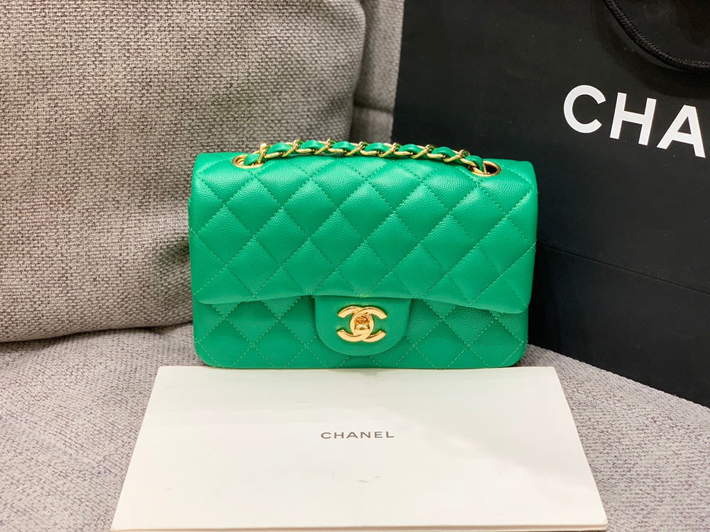 MINI SAC À RABAT 20 CM VERT FONCÉ CAVIAR QUINCAILLERIE OR 