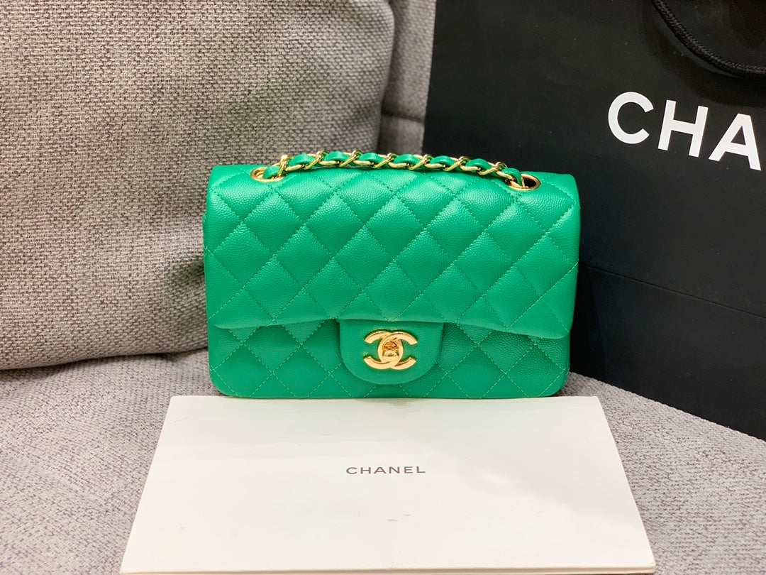 MINI SAC À RABAT 20 CM VERT FONCÉ CAVIAR QUINCAILLERIE OR 