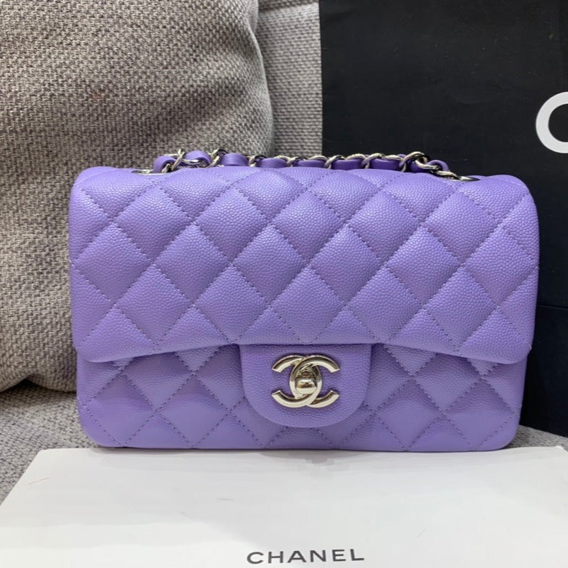 FLAP BAG MINI 20CM PURPLE CAVIAR SILVER HARDWARE