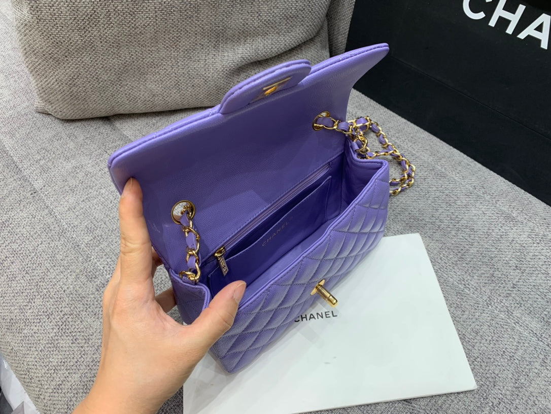 FLAP BAG MINI 20CM PURPLE CAVIAR GOLD HARDWARE