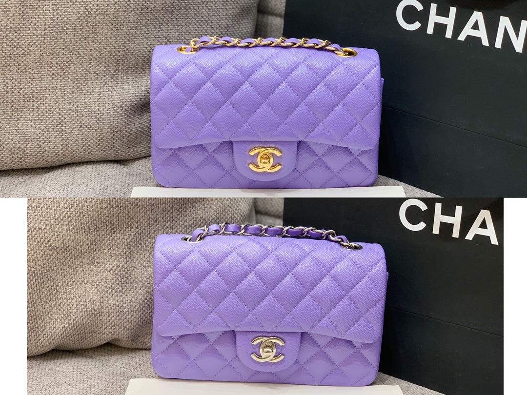 FLAP BAG MINI 20CM PURPLE CAVIAR GOLD HARDWARE