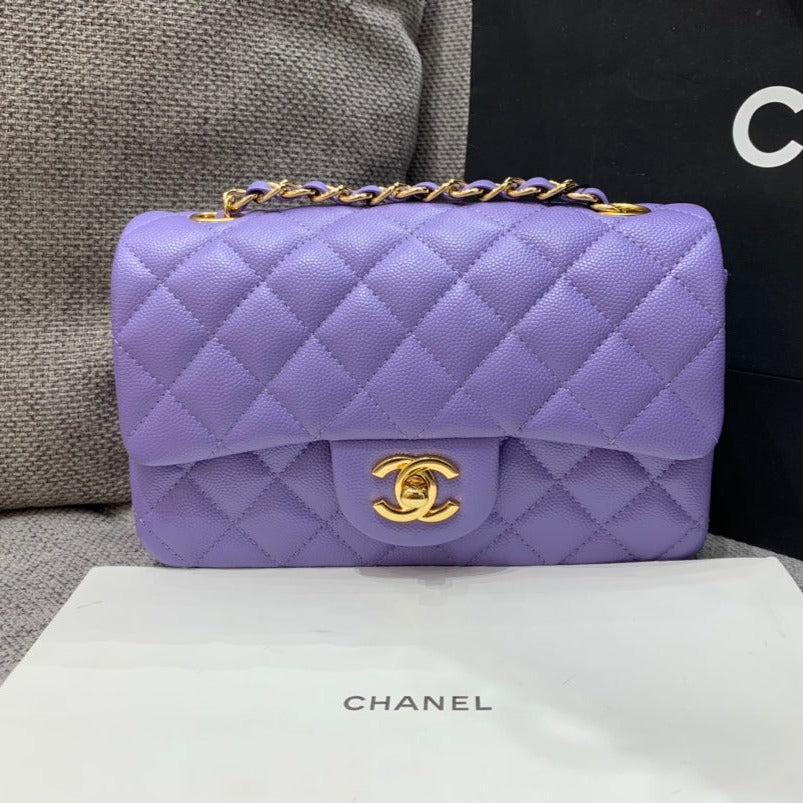 FLAP BAG MINI 20CM PURPLE CAVIAR GOLD HARDWARE