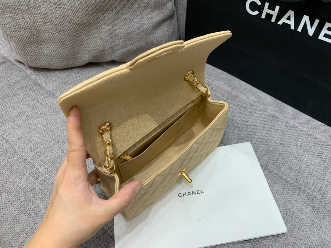 FLAP BAG MINI 20CM BEIGE CAVIAR GOLD HARDWARE