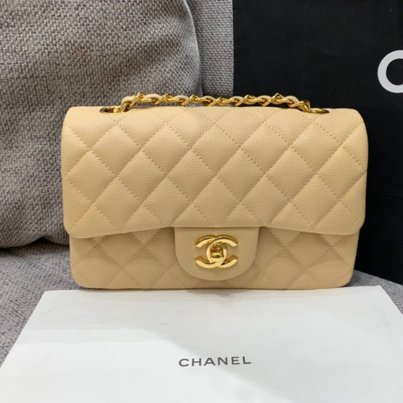 FLAP BAG MINI 20CM BEIGE CAVIAR GOLD HARDWARE