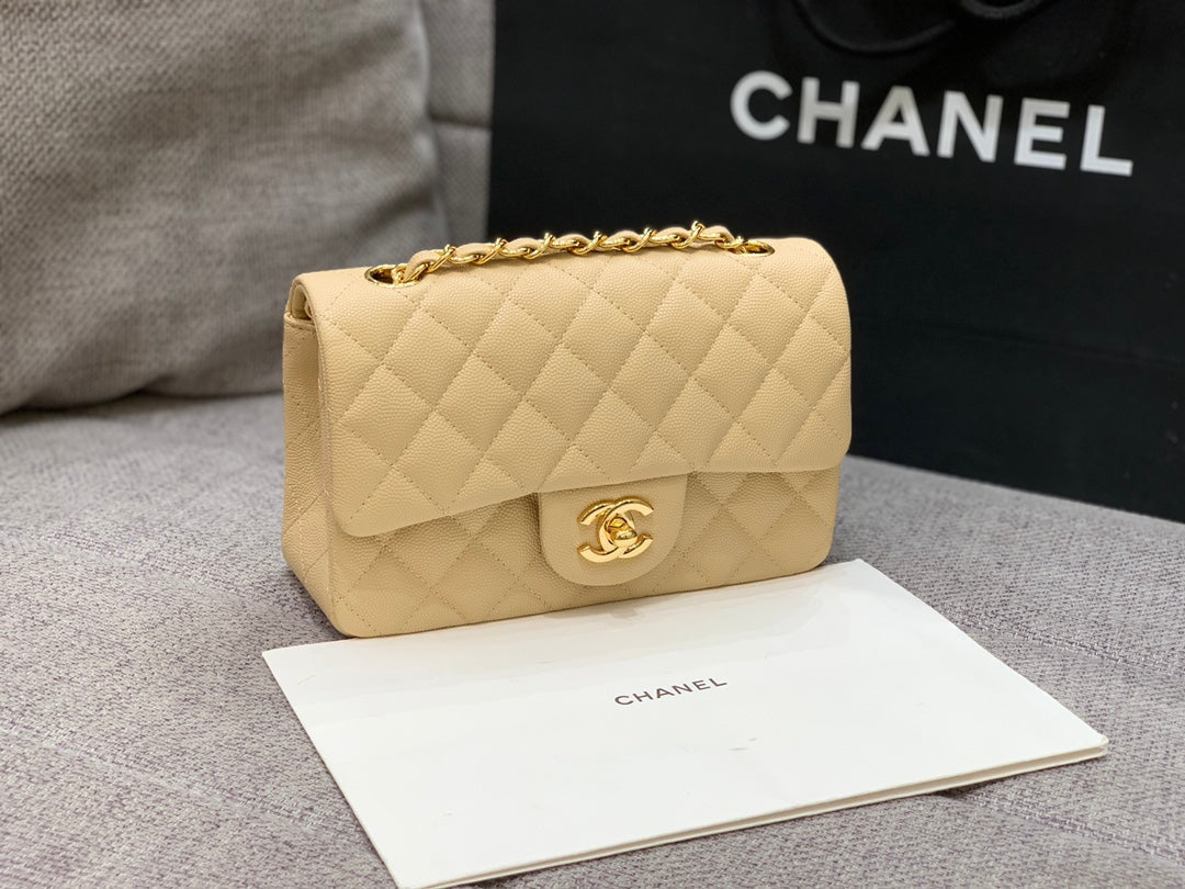 FLAP BAG MINI 20CM BEIGE CAVIAR GOLD HARDWARE