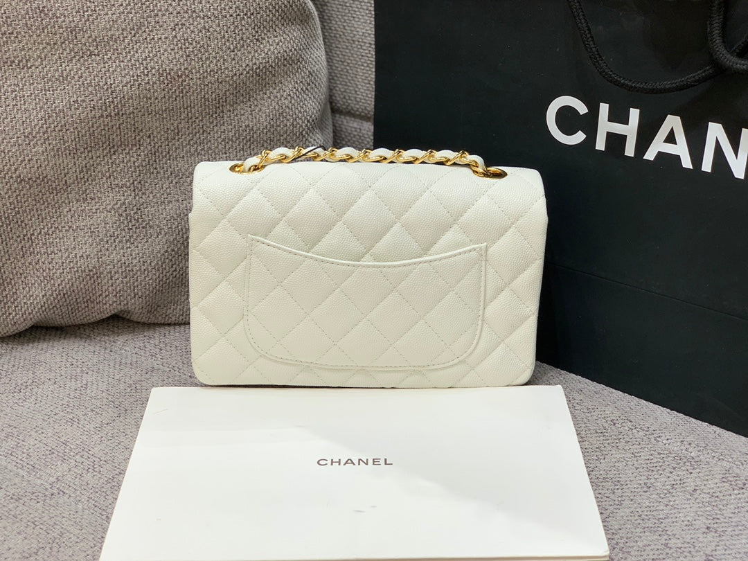 FLAP BAG MINI 20CM WHITE CAVIAR GOLD HARDWARE