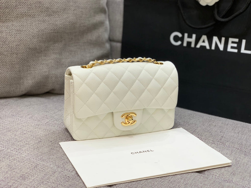 FLAP BAG MINI 20CM WHITE CAVIAR GOLD HARDWARE