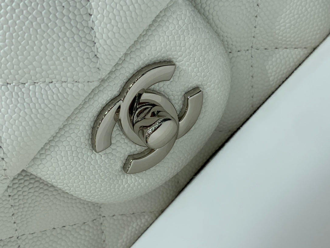 FLAP BAG MINI 20CM WHITE CAVIAR SILVER HARDWARE