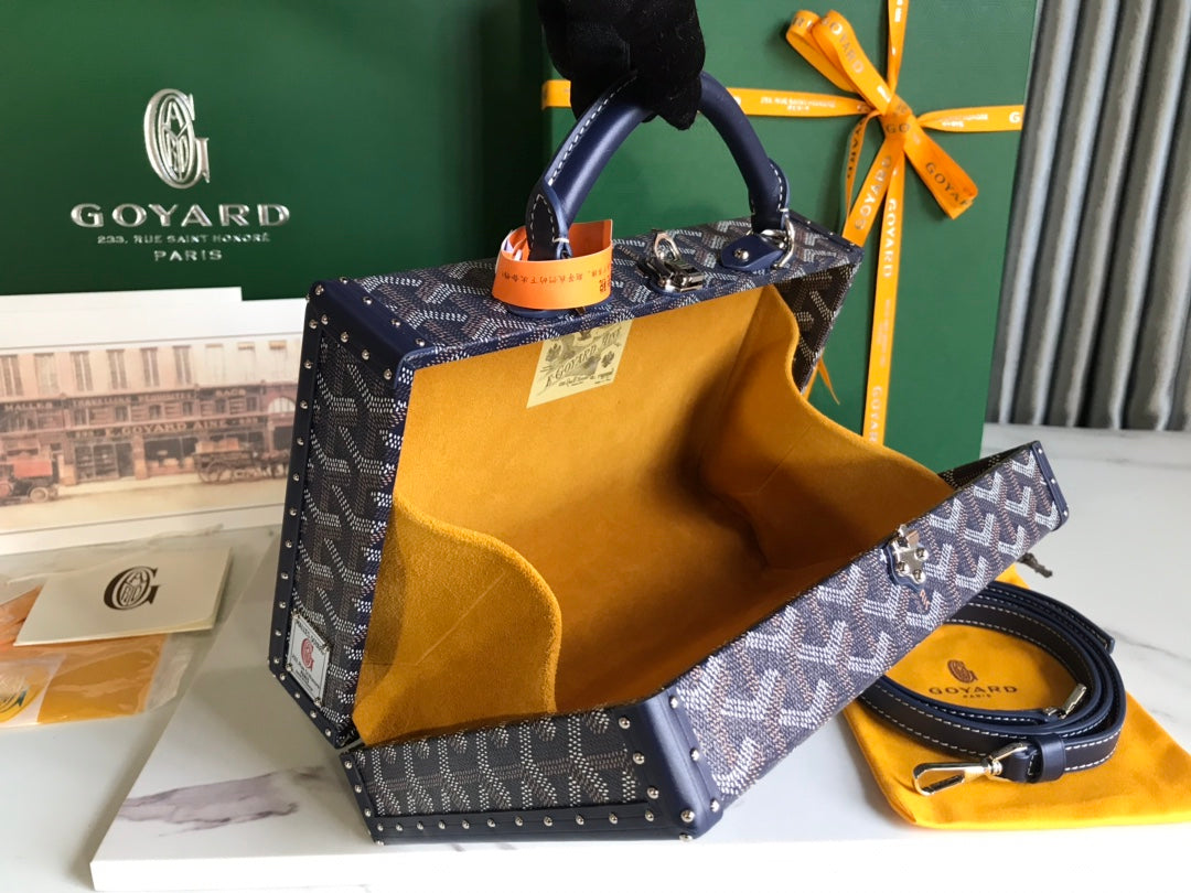 SAC COFFRE GRAND HÔTEL 24 EN TOILE GOYARDINE BLEU MARINE ET CUIR DE VEAU