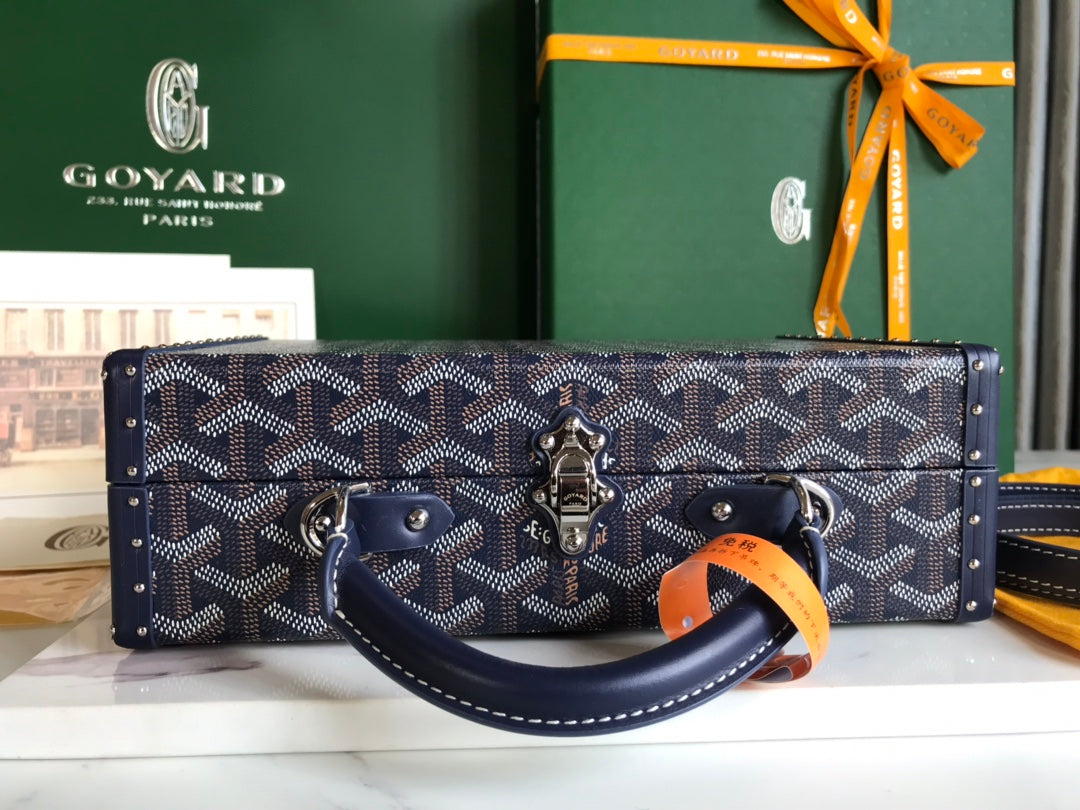 SAC COFFRE GRAND HÔTEL 24 EN TOILE GOYARDINE BLEU MARINE ET CUIR DE VEAU