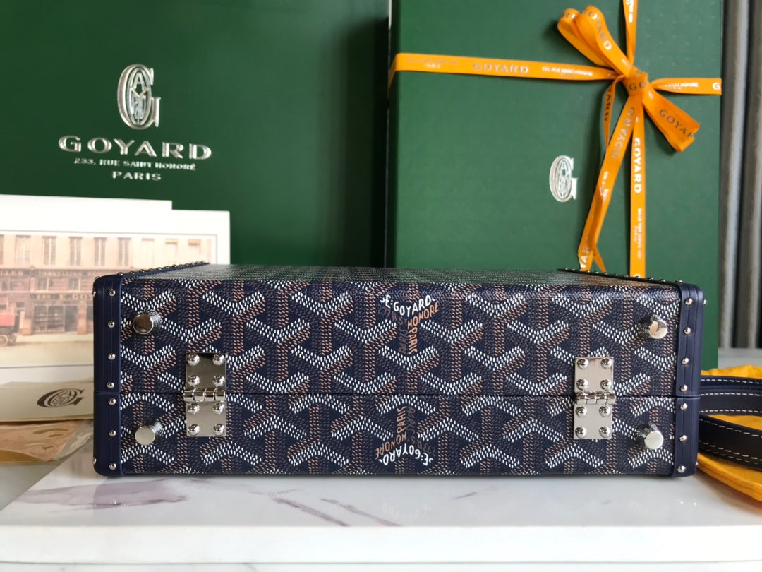 SAC COFFRE GRAND HÔTEL 24 EN TOILE GOYARDINE BLEU MARINE ET CUIR DE VEAU