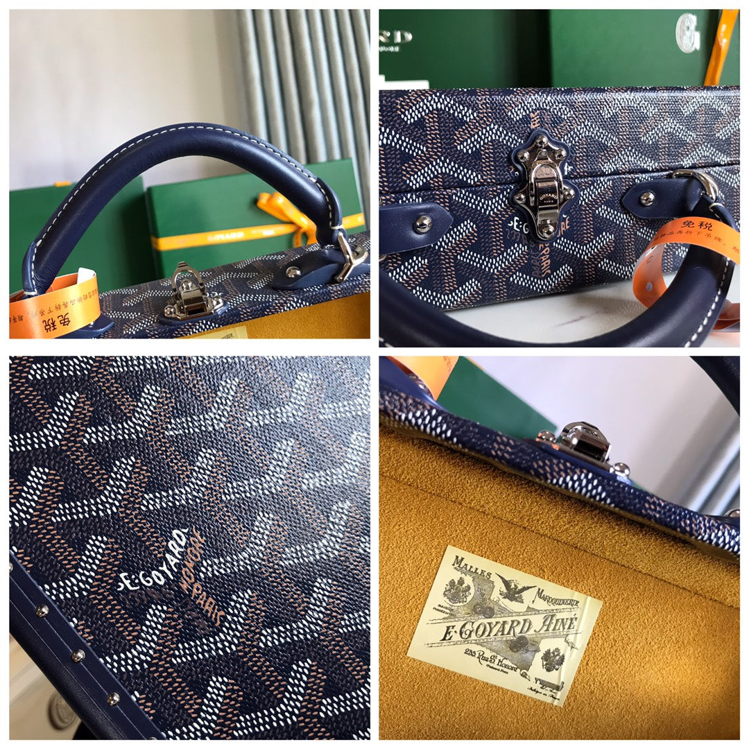 SAC COFFRE GRAND HÔTEL 24 EN TOILE GOYARDINE BLEU MARINE ET CUIR DE VEAU