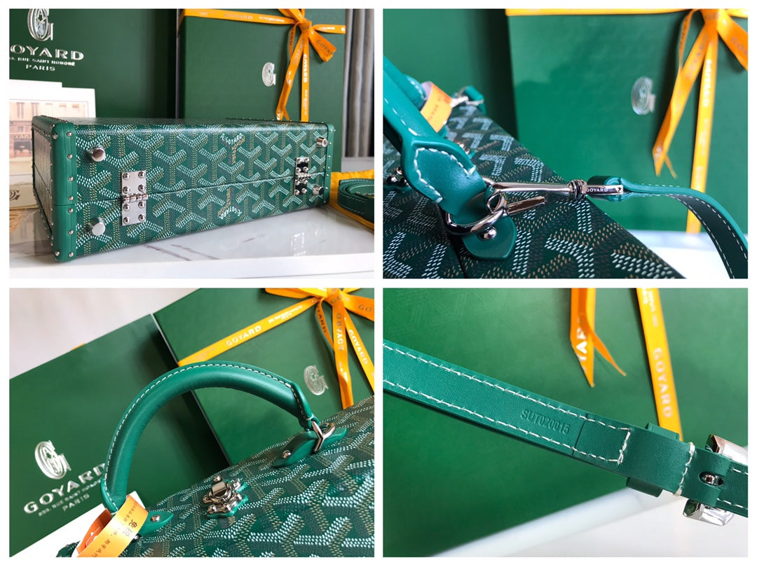 GRAND HÔTEL TRUNK BAG 24 EN TOILE GOYARDINE VERTE ET CUIR DE VEAU