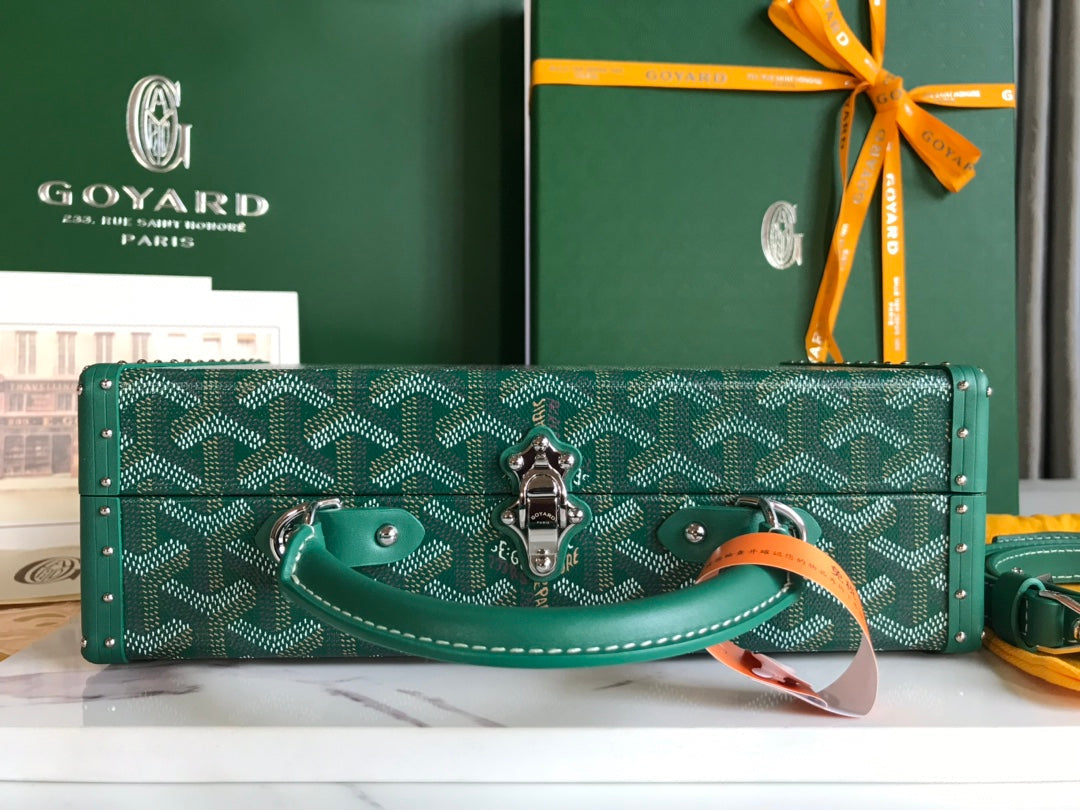 GRAND HÔTEL TRUNK BAG 24 EN TOILE GOYARDINE VERTE ET CUIR DE VEAU