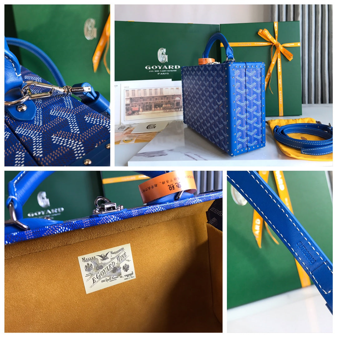 SAC COFFRE GRAND HÔTEL 24 EN TOILE GOYARDINE BLEUE ET CUIR DE VEAU