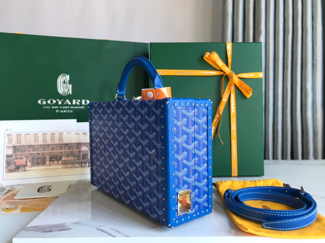 SAC COFFRE GRAND HÔTEL 24 EN TOILE GOYARDINE BLEUE ET CUIR DE VEAU