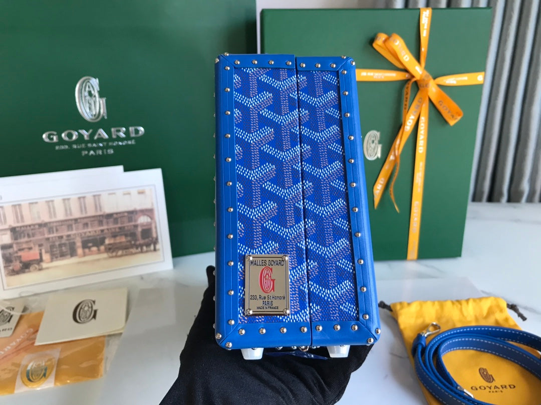 SAC COFFRE GRAND HÔTEL 24 EN TOILE GOYARDINE BLEUE ET CUIR DE VEAU