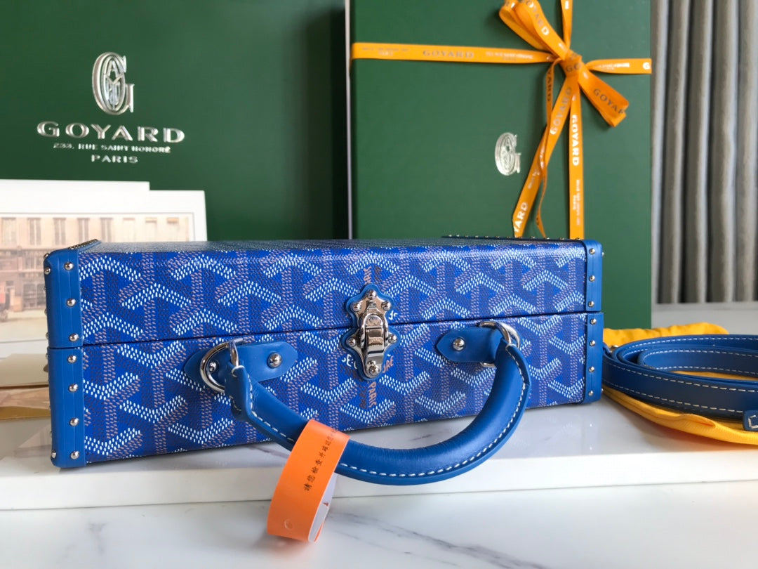 SAC COFFRE GRAND HÔTEL 24 EN TOILE GOYARDINE BLEUE ET CUIR DE VEAU