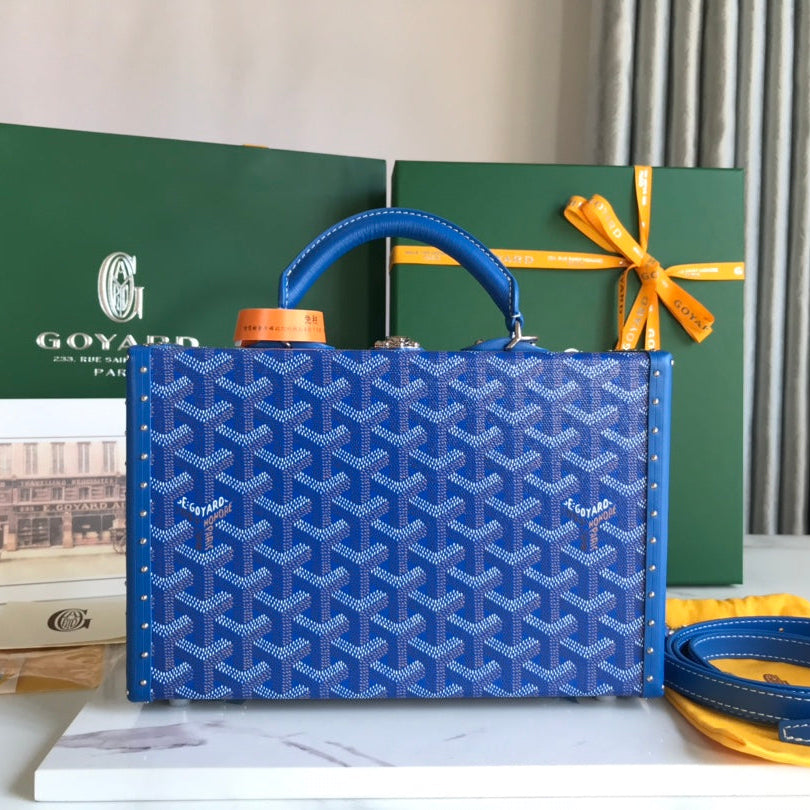 SAC COFFRE GRAND HÔTEL 24 EN TOILE GOYARDINE BLEUE ET CUIR DE VEAU