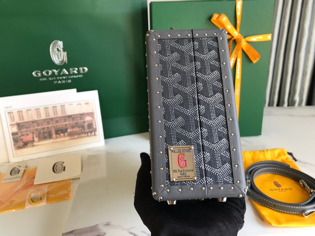 SAC COFFRE GRAND HÔTEL 24 EN TOILE GOYARDINE GRIS NOIR ET CUIR DE VEAU