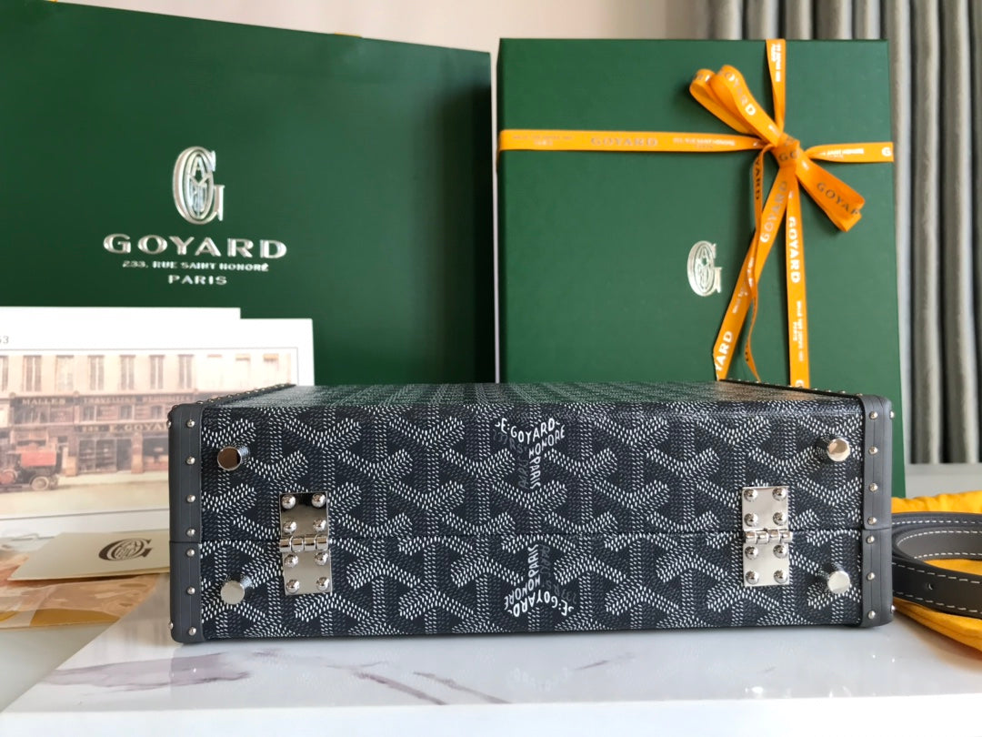 SAC COFFRE GRAND HÔTEL 24 EN TOILE GOYARDINE GRIS NOIR ET CUIR DE VEAU