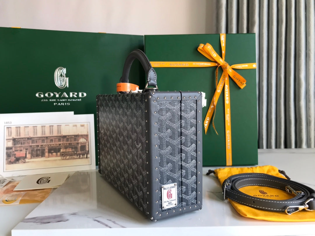 SAC COFFRE GRAND HÔTEL 24 EN TOILE GOYARDINE GRIS NOIR ET CUIR DE VEAU