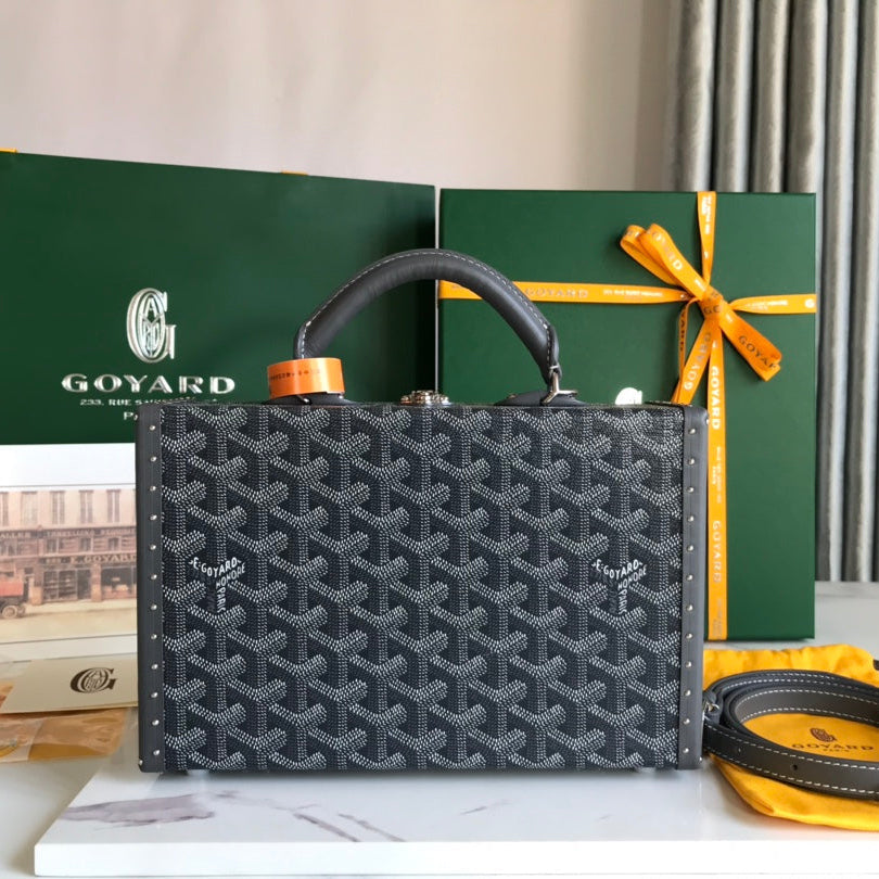 SAC COFFRE GRAND HÔTEL 24 EN TOILE GOYARDINE GRIS NOIR ET CUIR DE VEAU