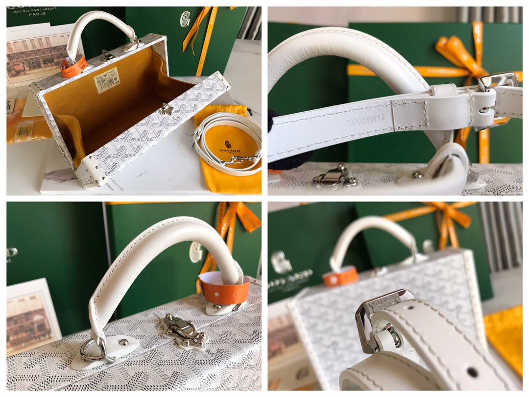 SAC COFFRE GRAND HÔTEL 24 EN TOILE GOYARDINE BLANCHE ET CUIR DE VEAU