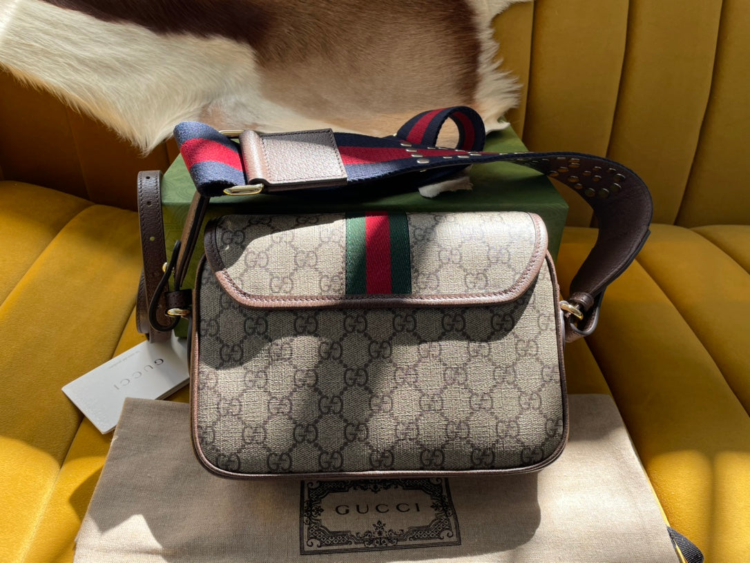 SAC GG OPHIDIA PETIT 23 EN TOILE SUPREME BEIGE ET ÉBÈNE