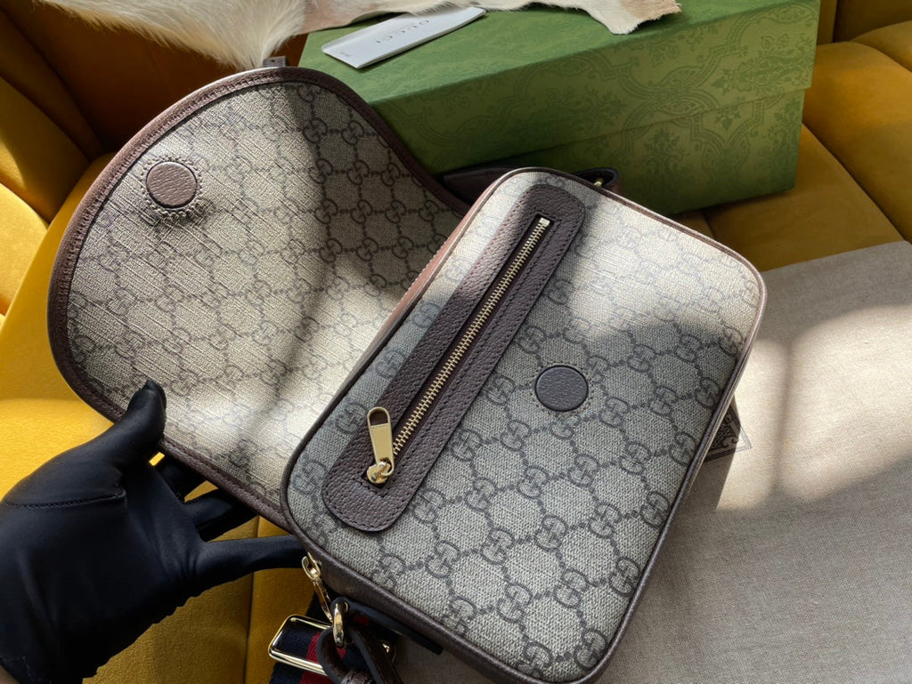 SAC GG OPHIDIA PETIT 23 EN TOILE SUPREME BEIGE ET ÉBÈNE