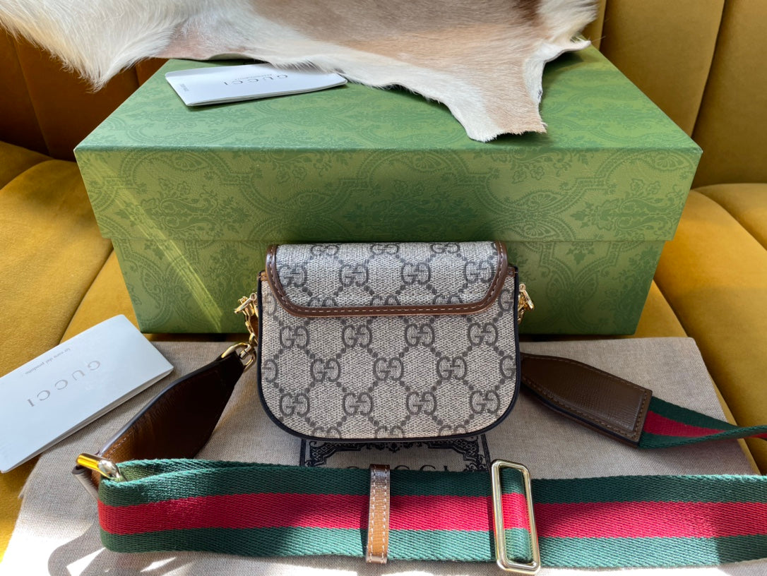 SAC SUPER MINI GG 12 HORSEBIT 1955 EN TOILE BEIGE ET CUIR DE VEAU ÉBÈNE