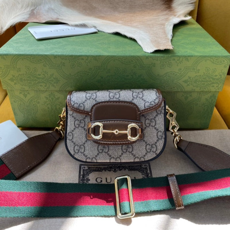 SAC SUPER MINI GG 12 HORSEBIT 1955 EN TOILE BEIGE ET CUIR DE VEAU ÉBÈNE