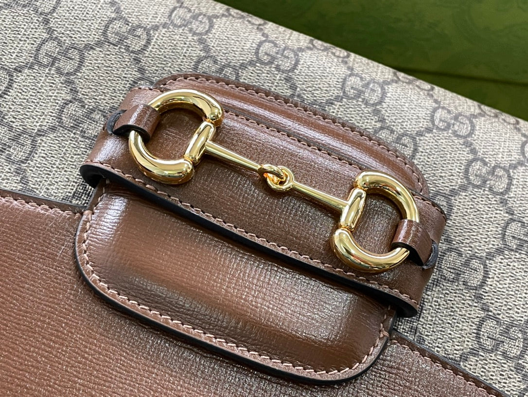 GG HORSEBIT 1955 PETIT SAC 29 EN TOILE BEIGE ET CUIR DE VEAU MARRON CLAIR