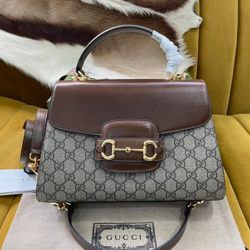 GG HORSEBIT 1955 PETIT SAC 29 EN TOILE BEIGE ET CUIR DE VEAU MARRON CLAIR