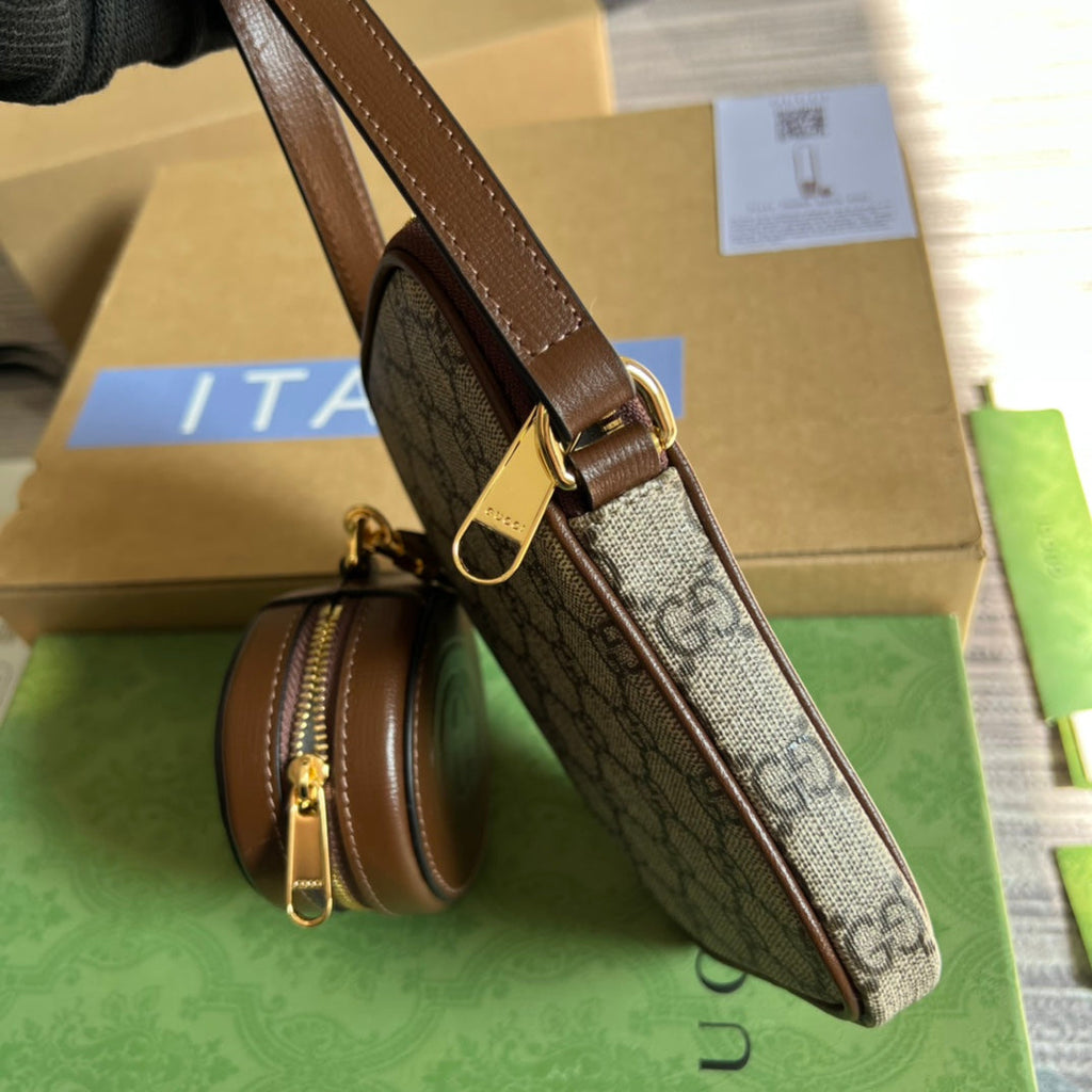 MINI SAC 17 EN CUIR DE VEAU MARRON ET TOILE BEIGE