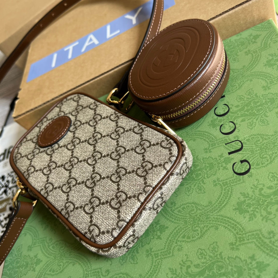 MINI SAC 17 EN CUIR DE VEAU MARRON ET TOILE BEIGE