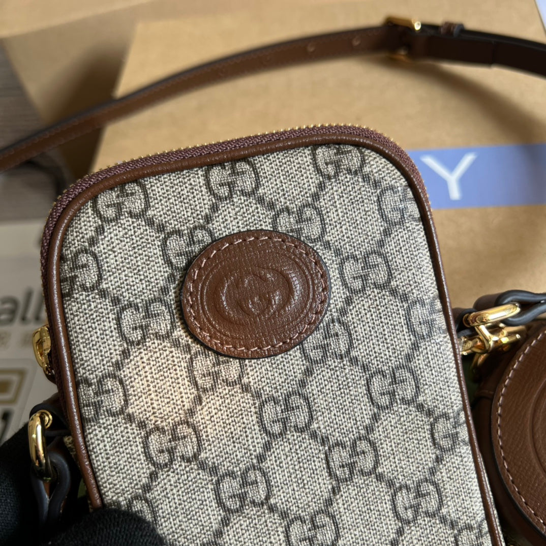 MINI SAC 17 EN CUIR DE VEAU MARRON ET TOILE BEIGE