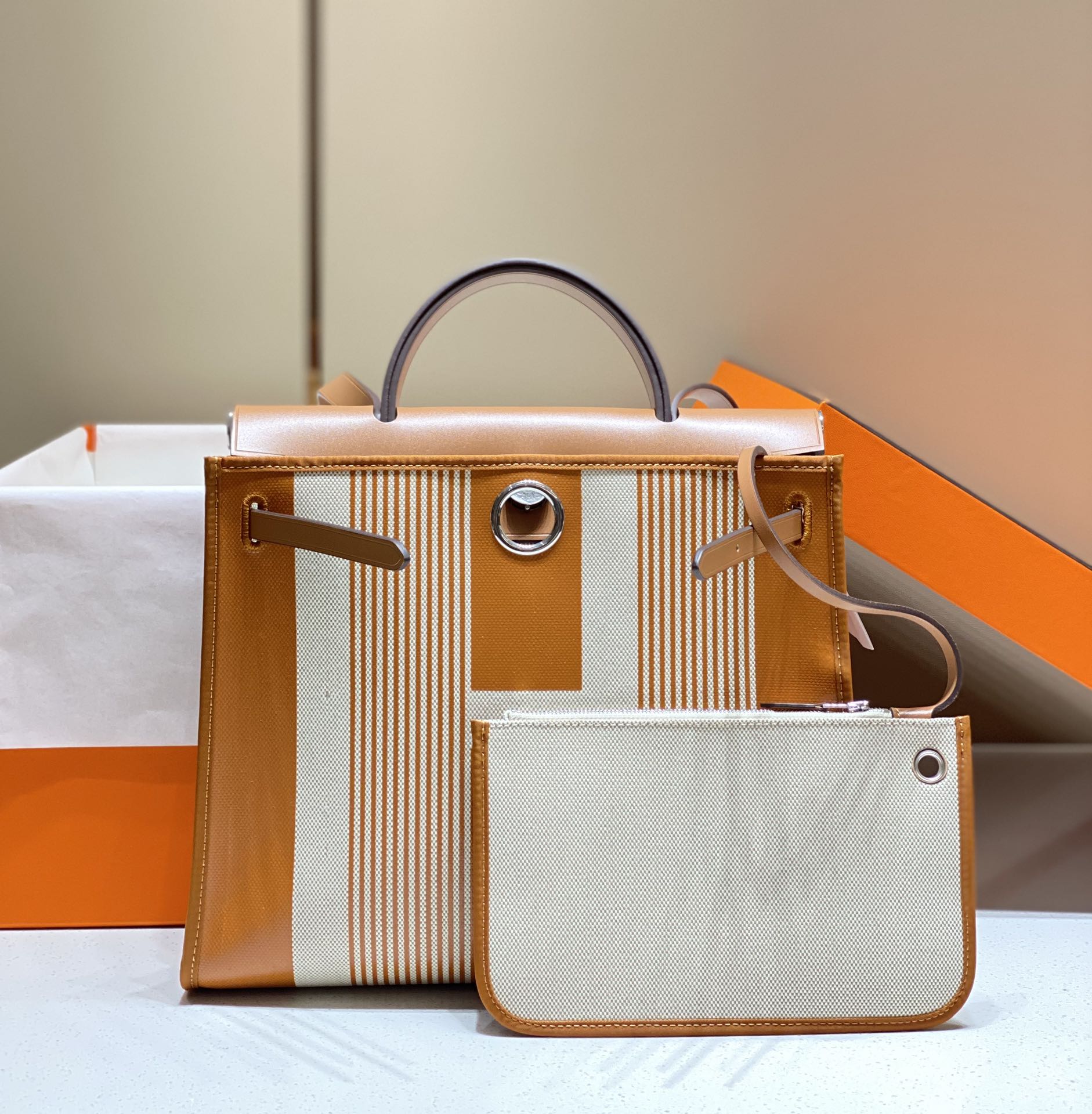 HERBAG 31 TOILE WHITE GOLD CANVAS GOLD COWHIDE LEATHER