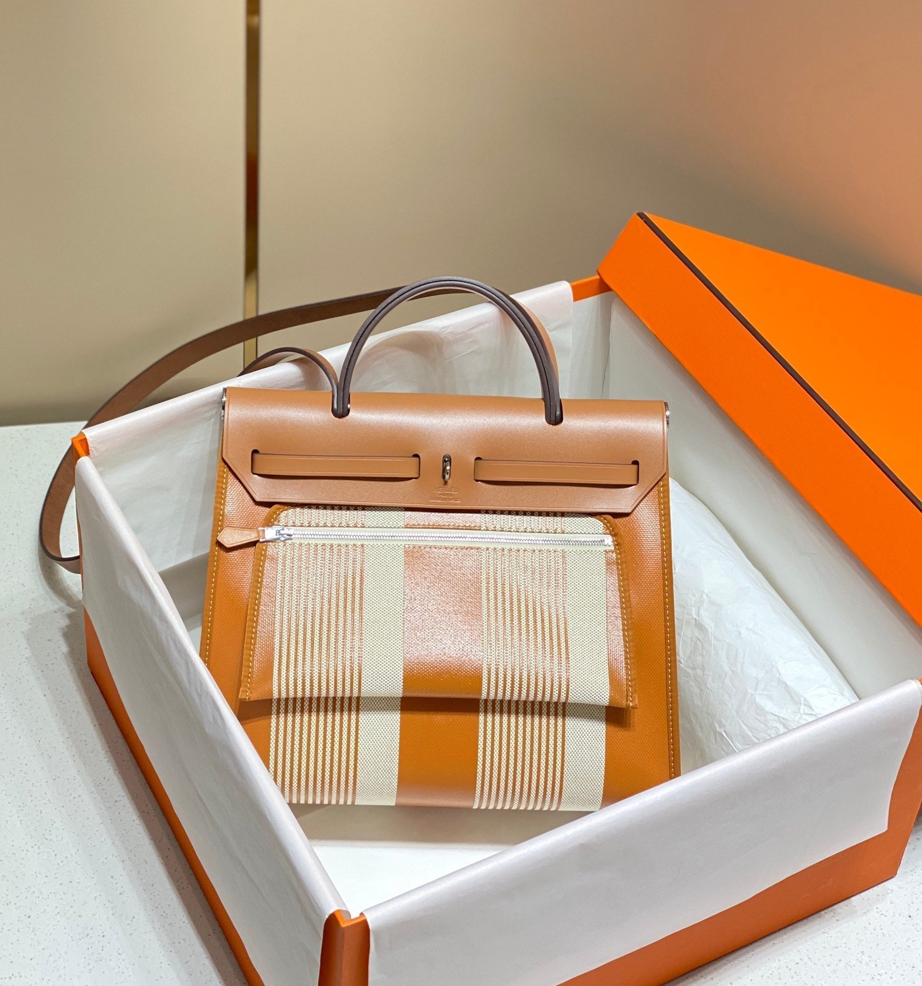 HERBAG 31 TOILE WHITE GOLD CANVAS GOLD COWHIDE LEATHER