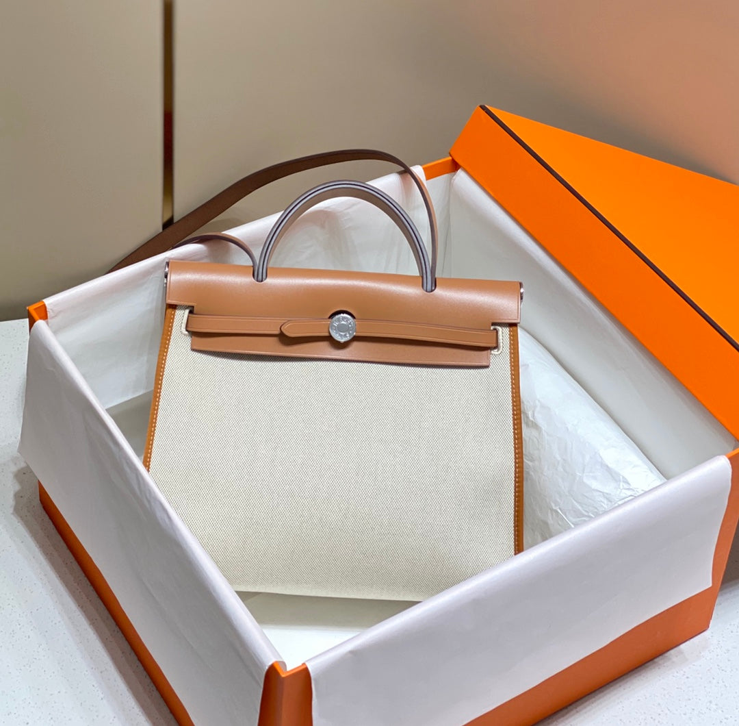 HERBAG 31 TOILE WHITE CANVAS GOLD COWHIDE LEATHER