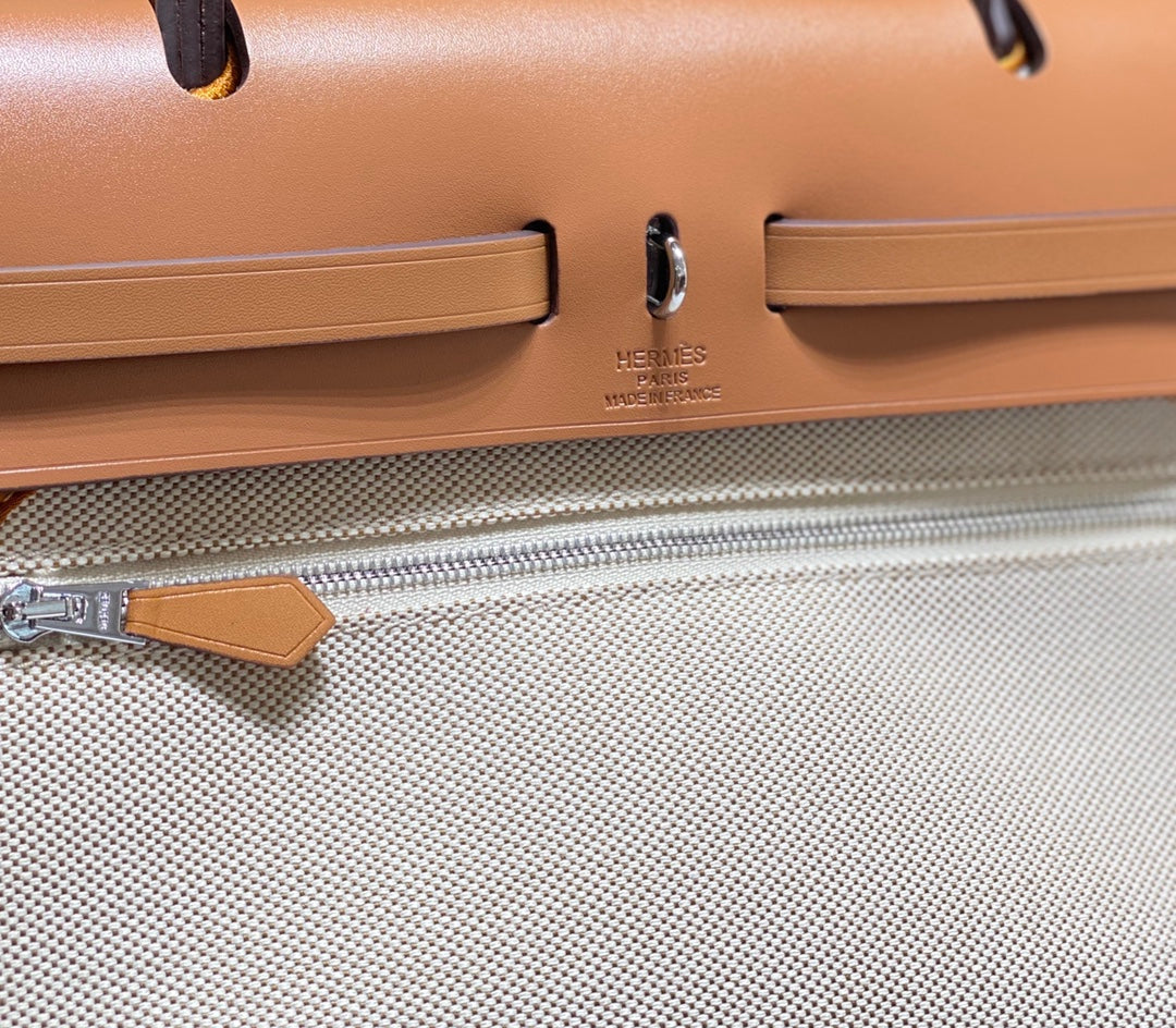 HERBAG 31 TOILE WHITE CANVAS GOLD COWHIDE LEATHER
